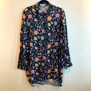 GARCIA Sz XL  Long Line Half Button 100% Viscose Long Sleeve Floral Tunic Blouse